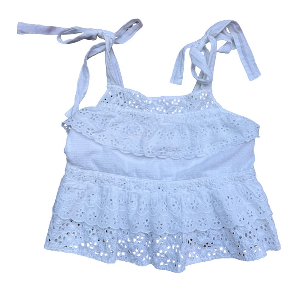 Agua by Agua Bendita Carlota Cotton Eyelet Cropped Top White Tie Strap Peplum L